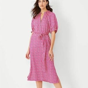 Ann Taylor Petite Pink Gingham Puff Sleeve Belted Midi Shirtdress Size Small P